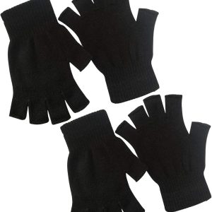2 Pair Half Finger Gloves Winter Knit Touchscreen Warm Stretchy Mittens Fingerless Gloves in Common Size for Men and Women,black