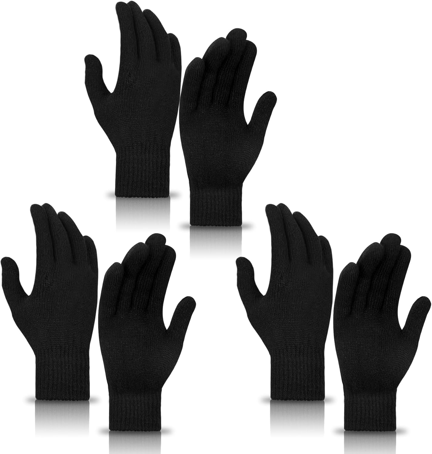 3 Pairs Winter Magic Gloves for Adult Men Women Warm Stretchy Knit Black Gloves One Size Fits Men Women Teens