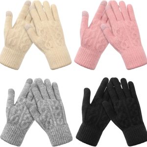 4 Pairs Winter Gloves for Women, Touchscreen Glove Womens Warm Lining Glove, Knitted Gloves for Cold Weather