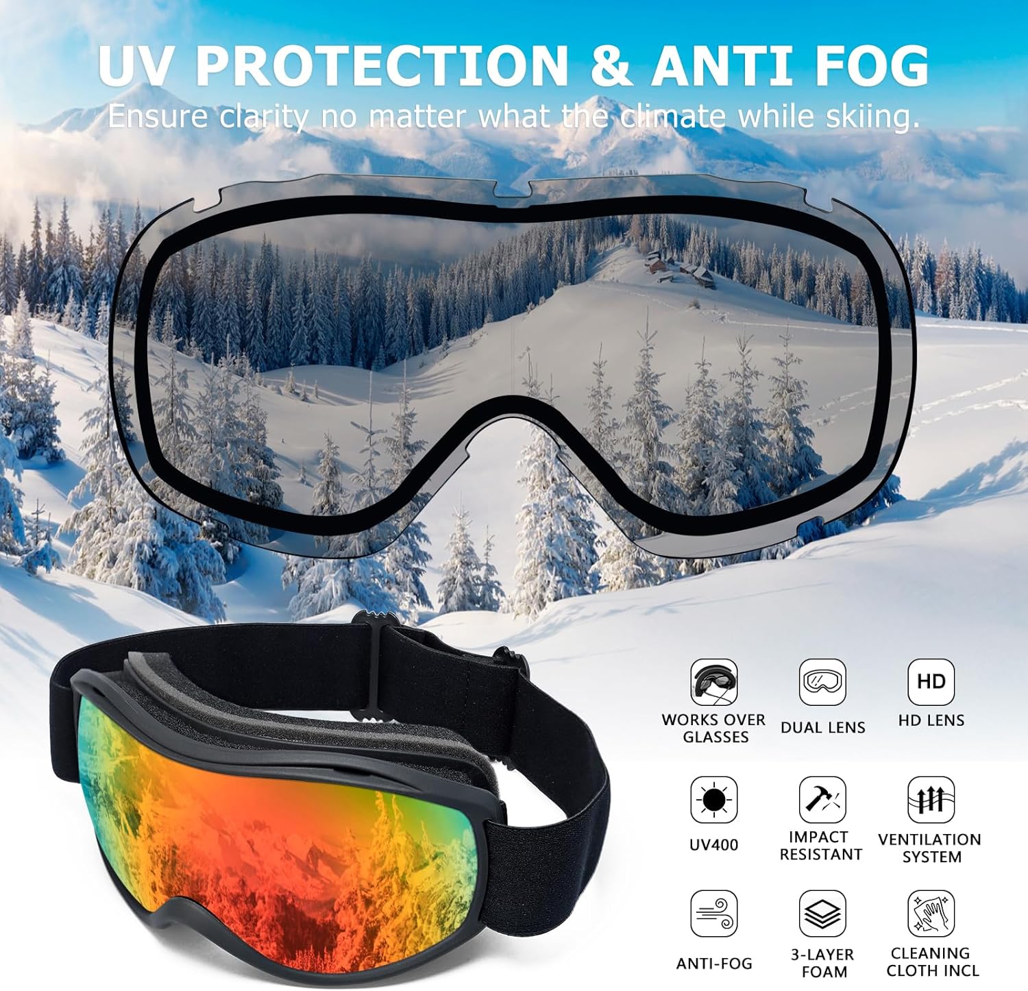 Ski Goggles Men Women, Over Glasses Anti Fog Snowboard Goggles, UV Protection Snow Goggles for Adult & Youth - Image 2