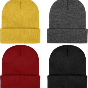 4 Pack Knit Skull Beanie Hats Adult Winter Warm Hats Cozy Knitted Ski Cap Cuffed Stretchy Beanie Hats for Men Women